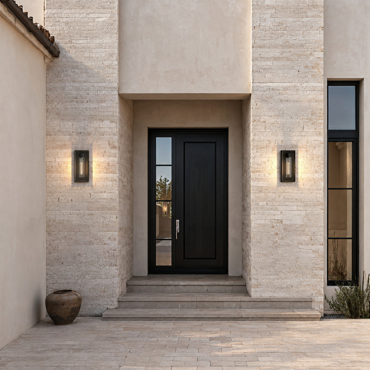 Deux appliques extérieures noires à cadre rectangulaire et verre texturé, allumées de part et d’autre d’une porte d’entrée noire sur une façade en pierre claire