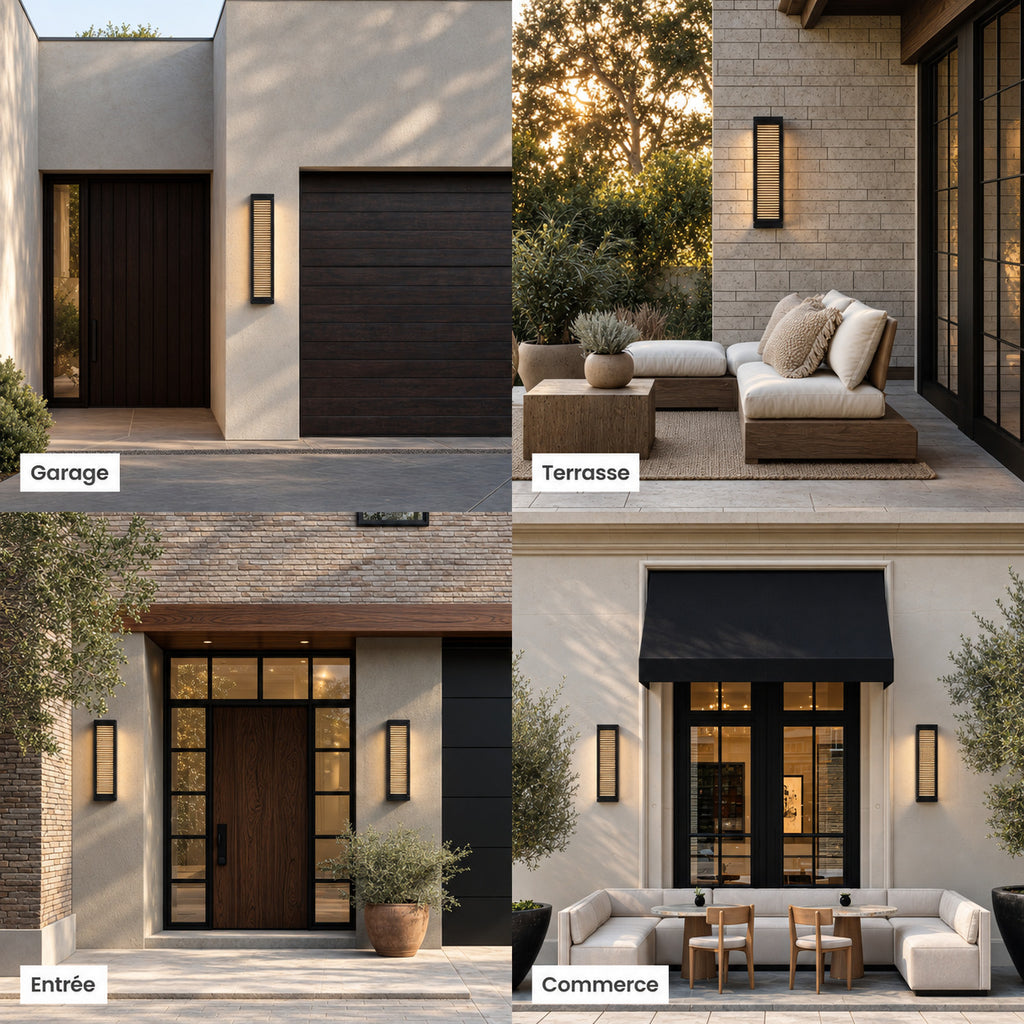 Appliques extérieures noires à lames sur un garage, une terrasse, une porte d’entrée et la façade d’un commerce
