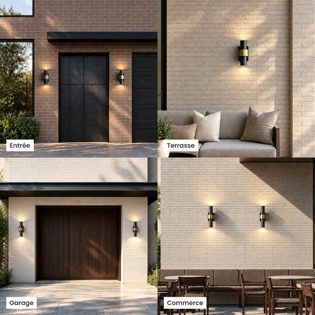 Appliques extérieures noires et dorées allumées sur une entrée, une terrasse, un garage et la façade d’un commerce