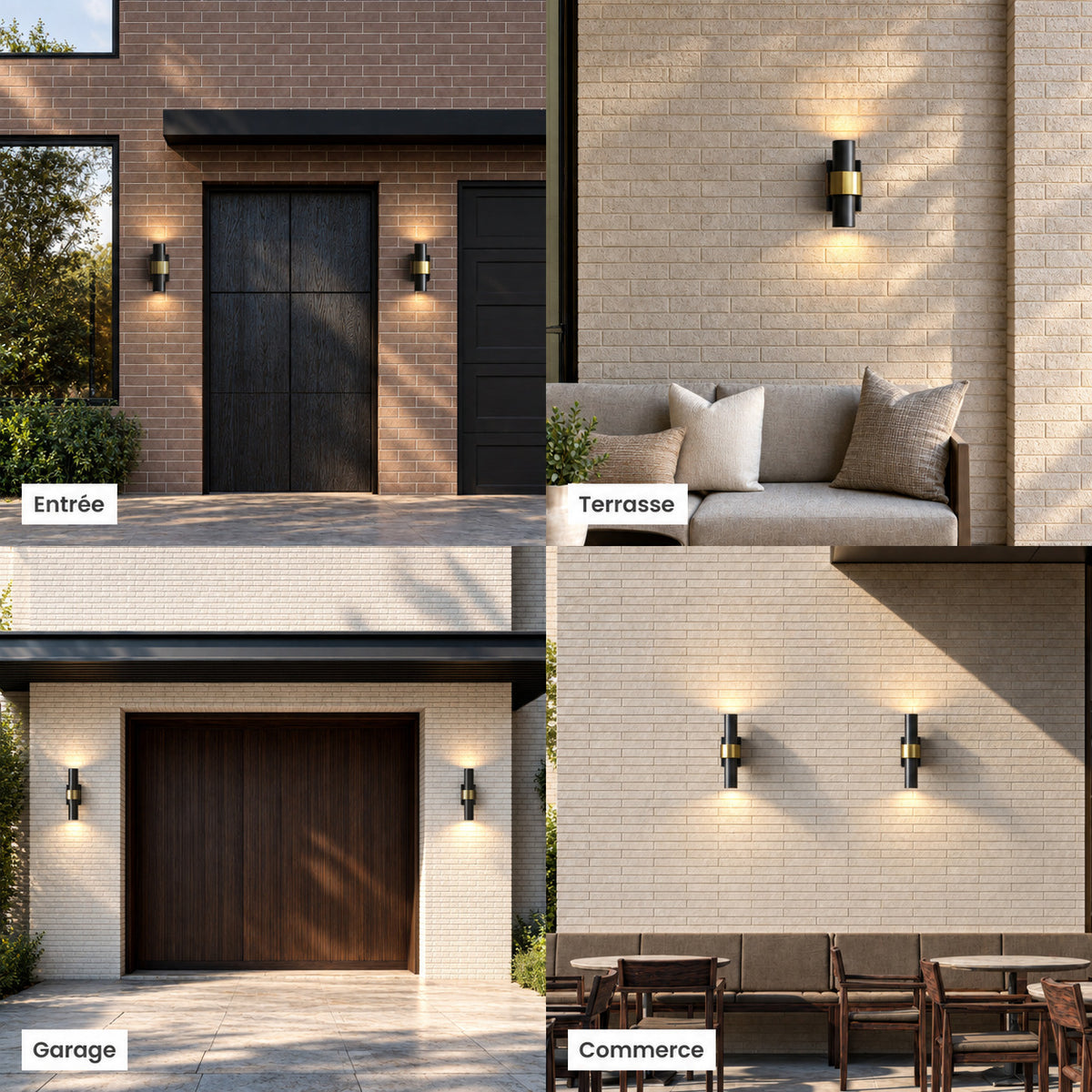 Appliques extérieures noires et dorées allumées sur une entrée, une terrasse, un garage et la façade d’un commerce