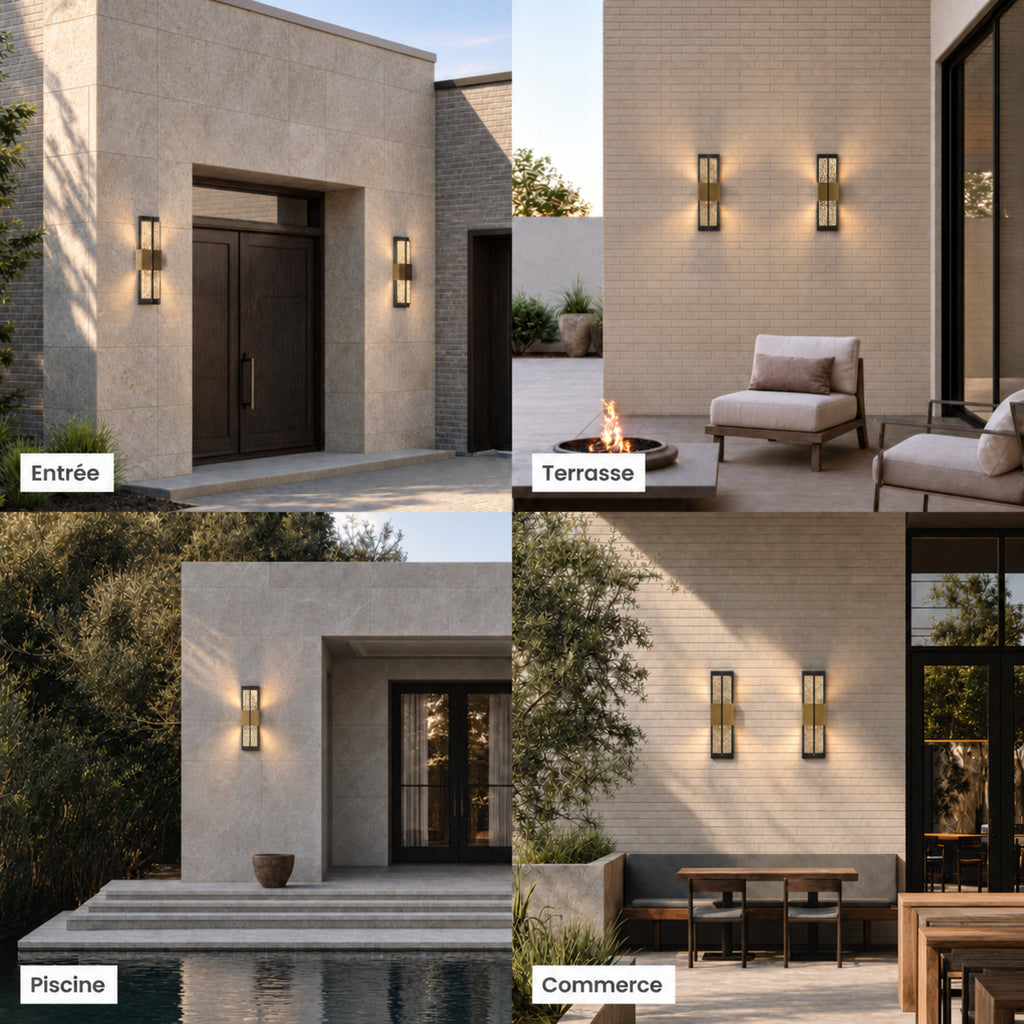 Appliques extérieures noires et dorées allumées sur une entrée, une terrasse, au bord d’une piscine et sur la façade d’un commerce