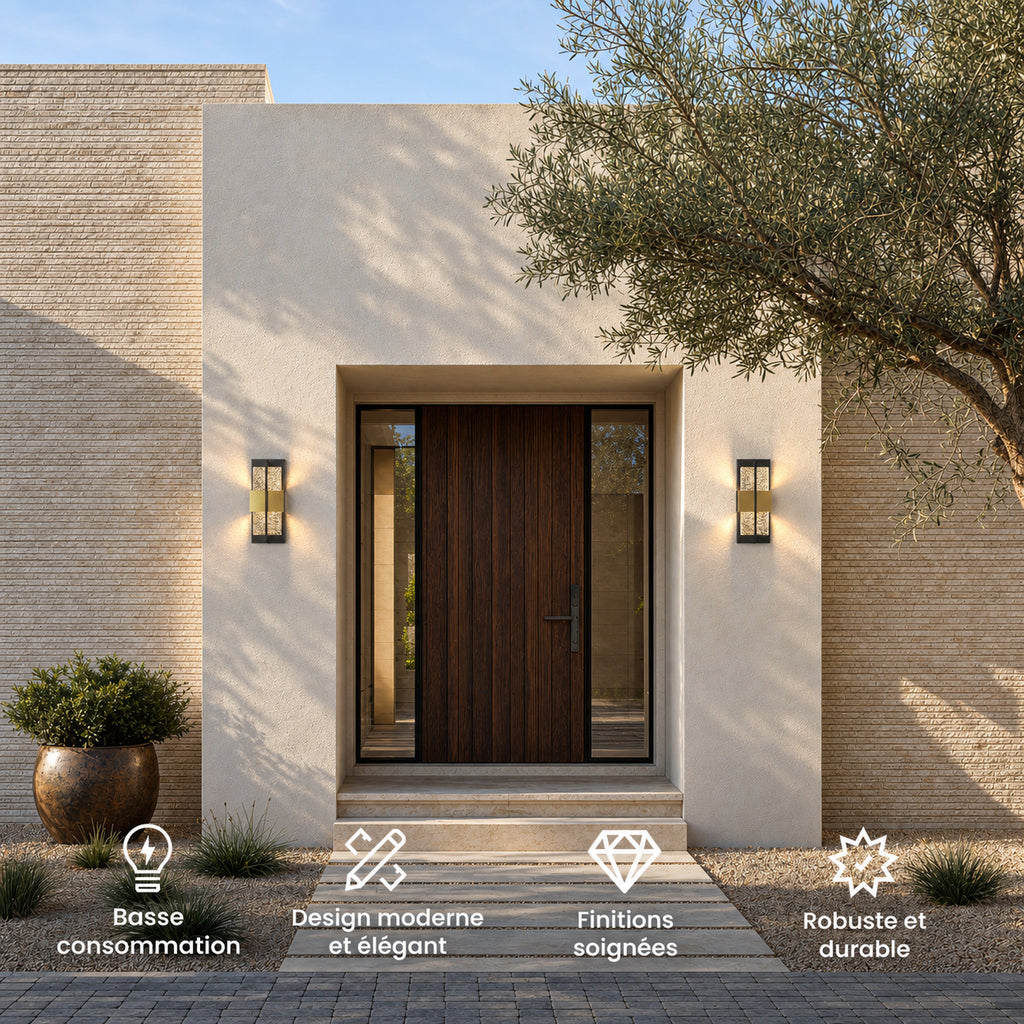 Deux appliques extérieures noires et dorées allumées de part et d’autre d’une porte d’entrée en bois : basse consommation, design moderne et élégant, finitions soignées, robuste et durable