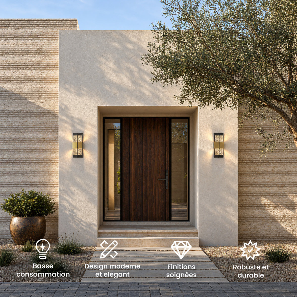 Deux appliques extérieures noires et dorées allumées de part et d’autre d’une porte d’entrée en bois : basse consommation, design moderne et élégant, finitions soignées, robuste et durable