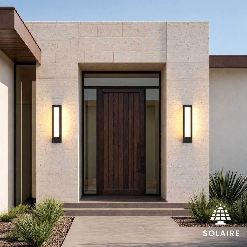 Paire d’appliques extérieures solaires noires allumées encadrant une porte d’entrée contemporaine