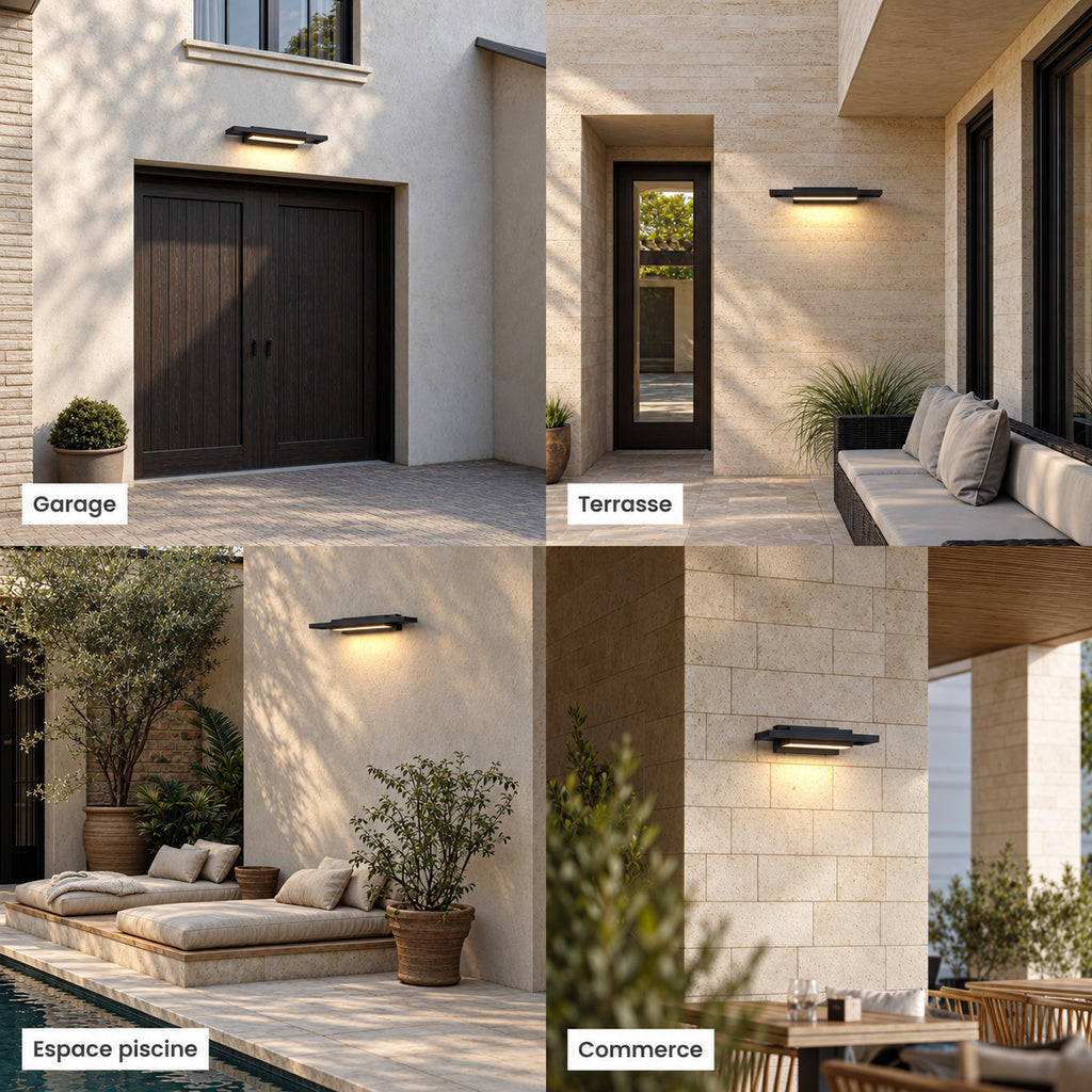 Appliques extérieures noires allumées sur un garage, sur une terrasse, au bord d’une piscine et sur la façade d’un commerce
