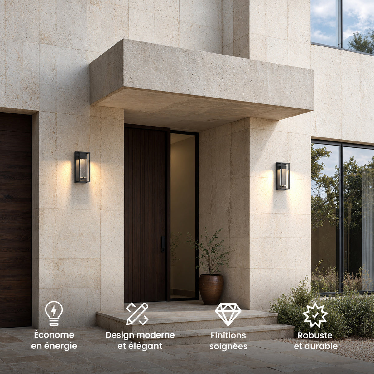 Deux appliques extérieures noires à cadre ouvert allumées de part et d’autre d’une porte d’entrée : économe en énergie, design moderne et élégant, finitions soignées, robuste et durable