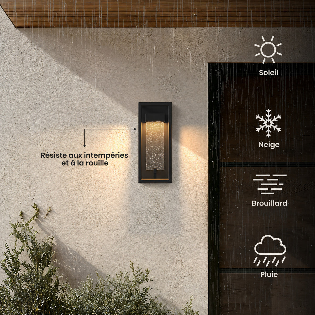 Applique extérieure noire allumée sous la pluie, résistante aux intempéries et à la rouille : soleil, neige, brouillard, pluie