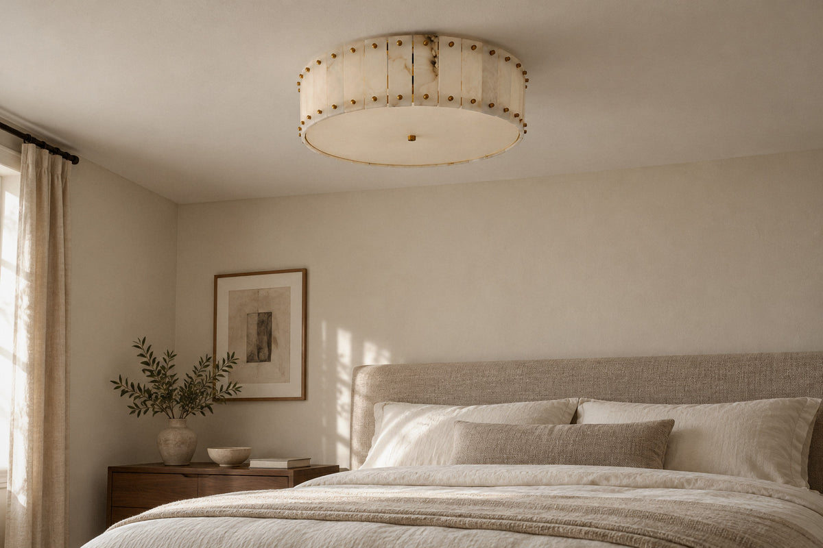 Aurelia alabaster ceiling light in a bedroom by day, switched off (AI-generated scene)