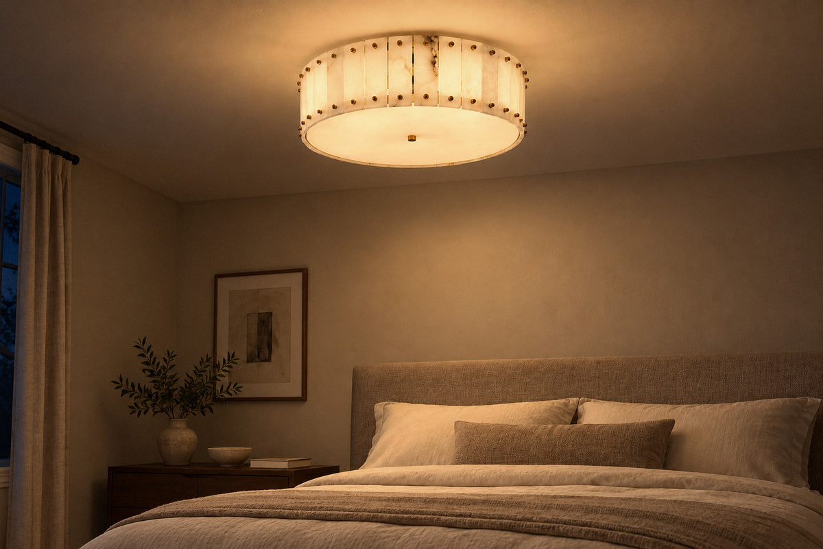 Aurelia alabaster ceiling light in a bedroom at night, lit (AI-generated scene)