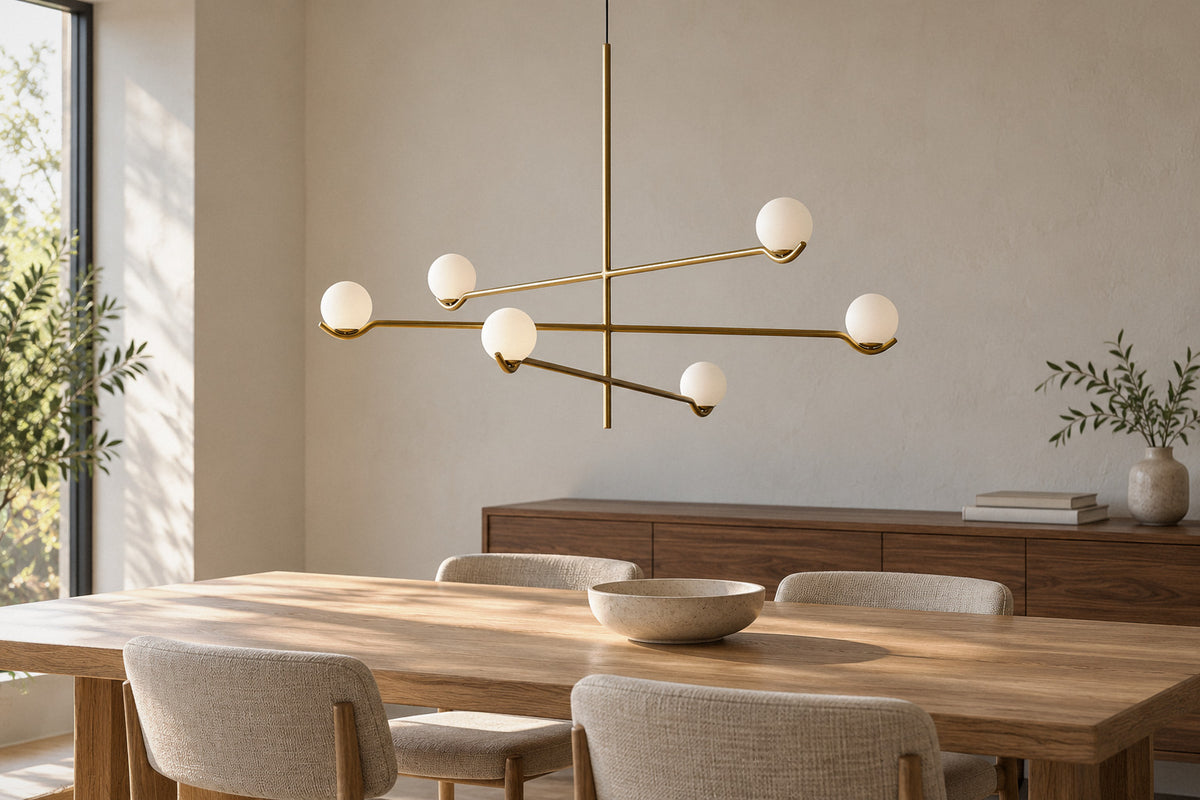 Baer glass and metal pendant in a dining room by day, switched off (AI-generated scene)