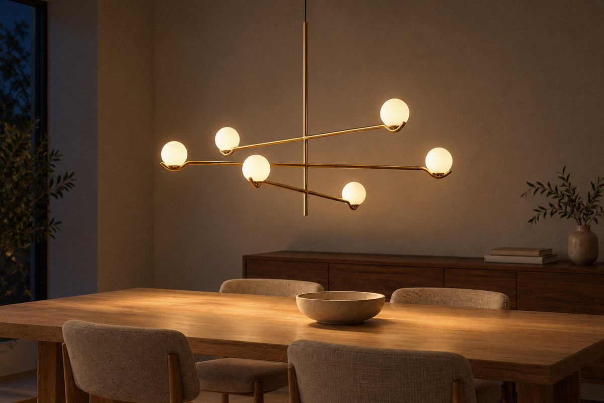 Baer glass and metal pendant in a dining room at night, lit (AI-generated scene)