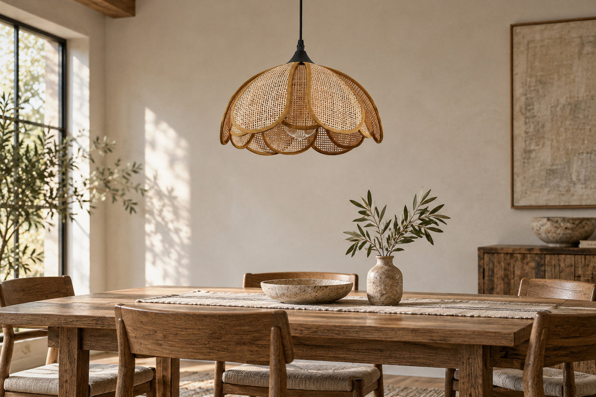 Bloom Rattan Pendant Lamp rattan pendant in a dining room by day, switched off (AI-generated scene)