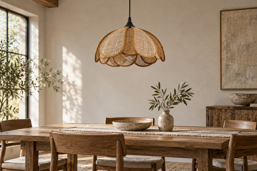 Bloom Rattan Pendant Lamp rattan pendant in a dining room by day, switched off (AI-generated scene)