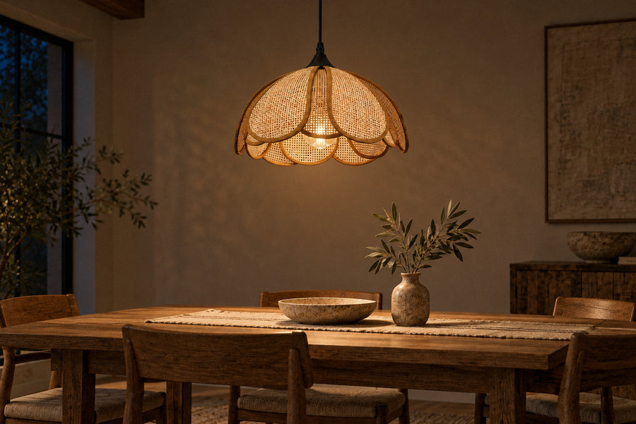 Bloom Rattan Pendant Lamp rattan pendant in a dining room at night, lit (AI-generated scene)