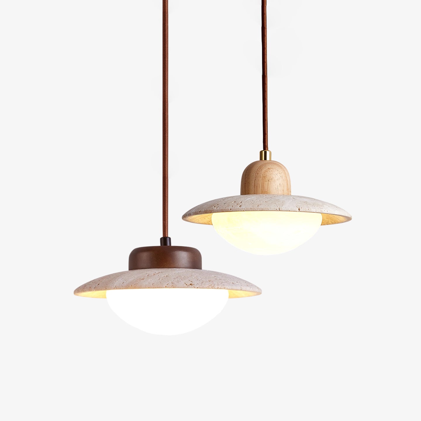 Suspension moderne Fritz en Noyer bois et travertin jaune