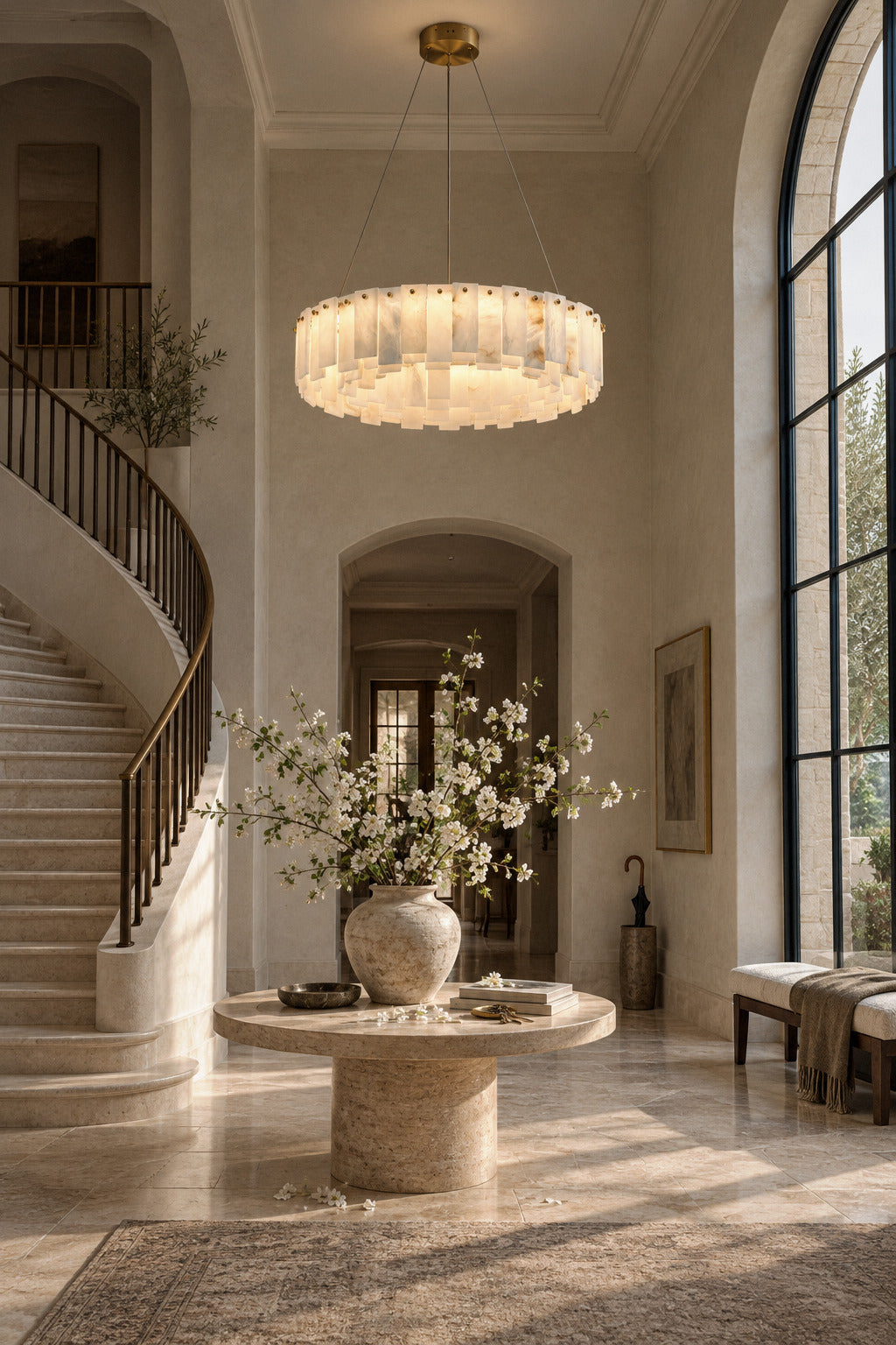 Celestial alabaster chandelier in a high-ceiling entryway (AI-generated scene)