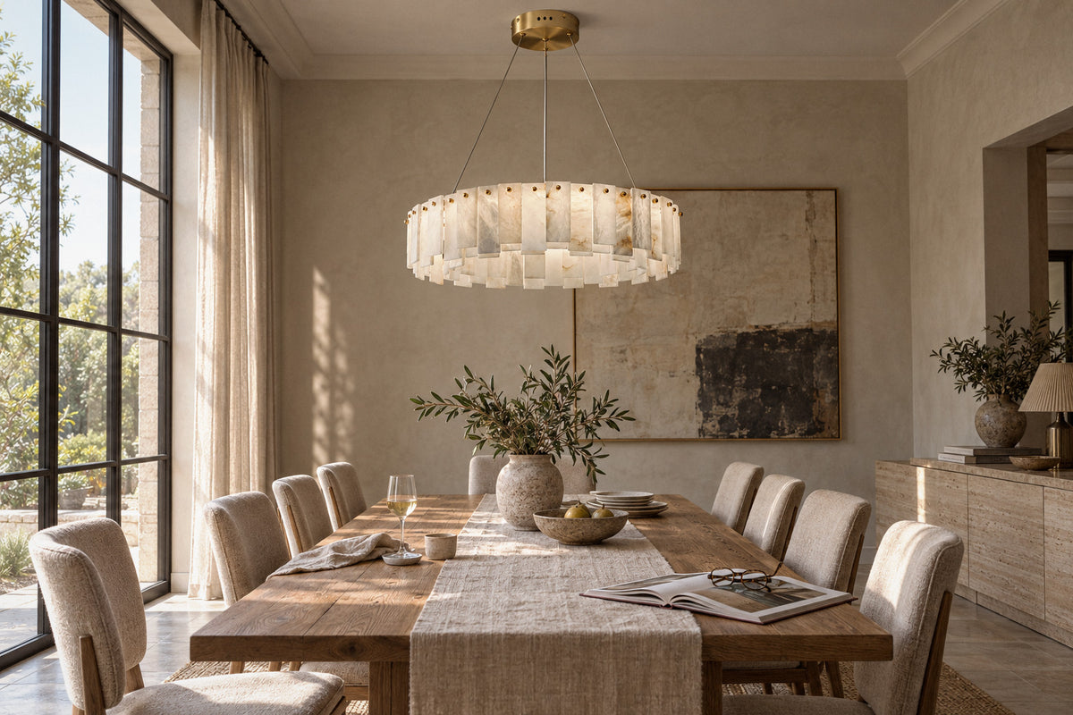 Celestial alabaster chandelier above a dining table by day, switched off (AI-generated scene)