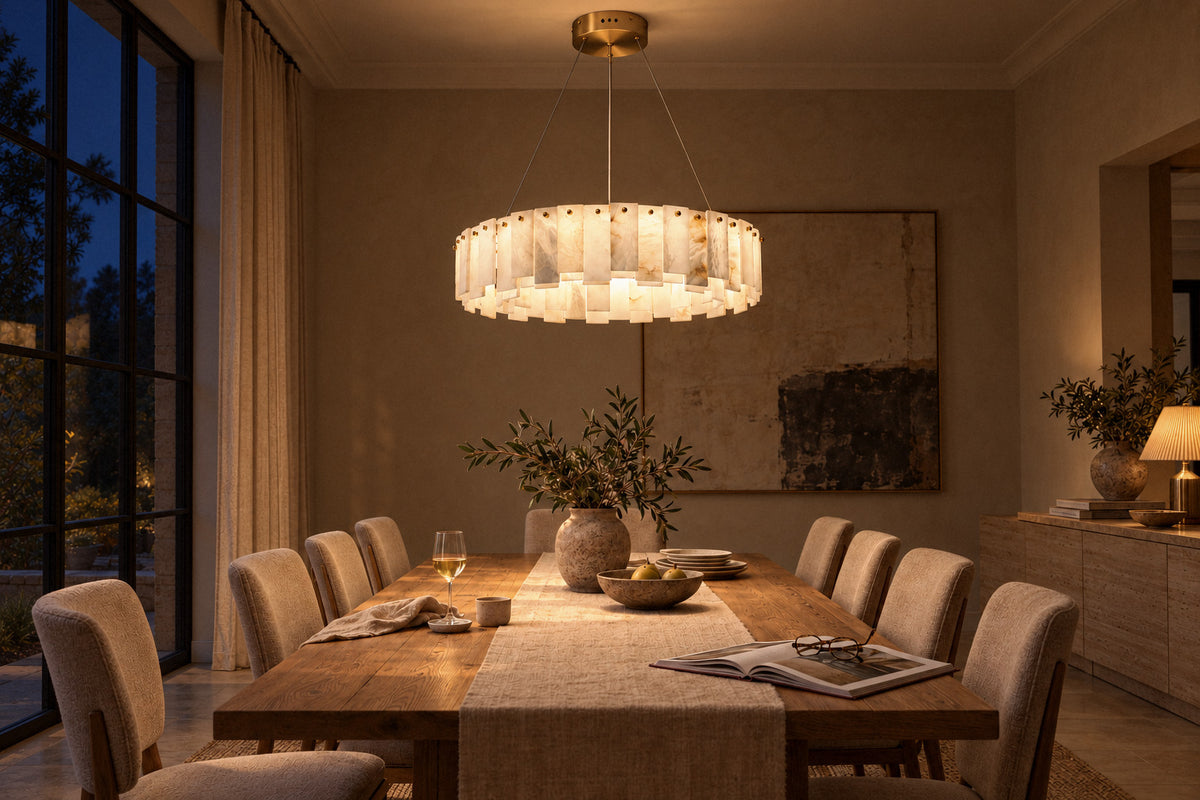 Celestial alabaster chandelier above a dining table at night, lit (AI-generated scene)