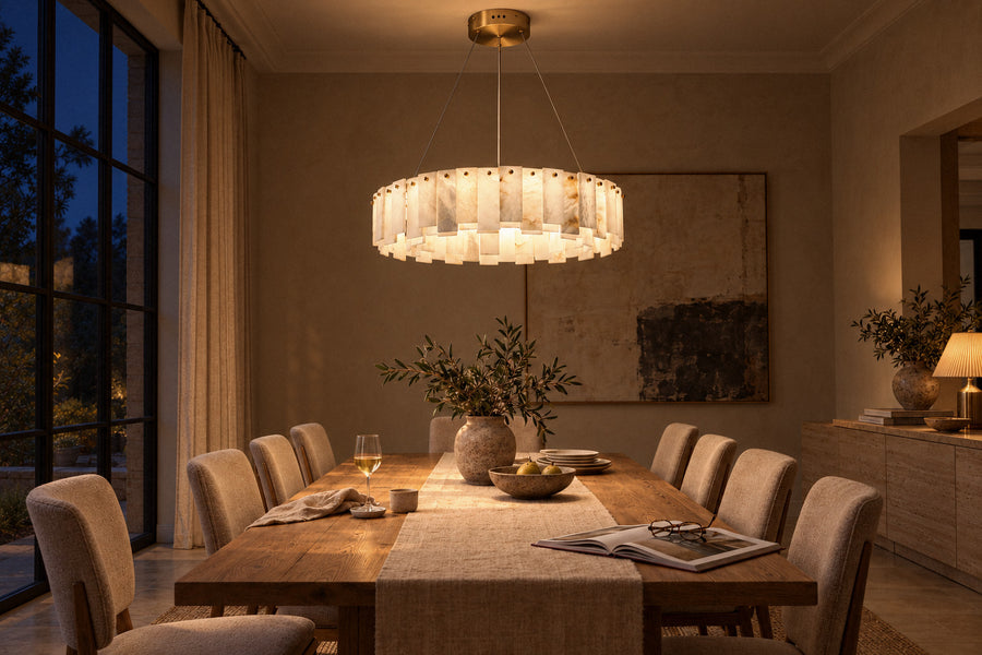 Celestial alabaster chandelier above a dining table at night, lit (AI-generated scene)