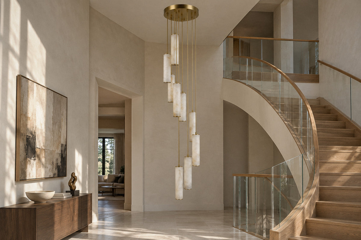 Column Alabaster chandelier in a double-height entrance hall by day, switched off (AI-generated scene)