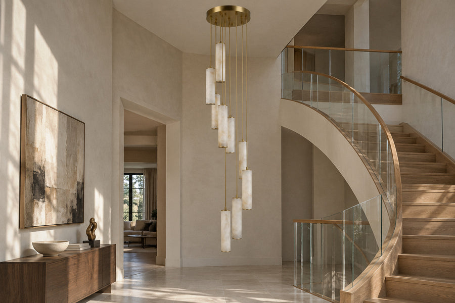 Column Alabaster chandelier in a double-height entrance hall by day, switched off (AI-generated scene)