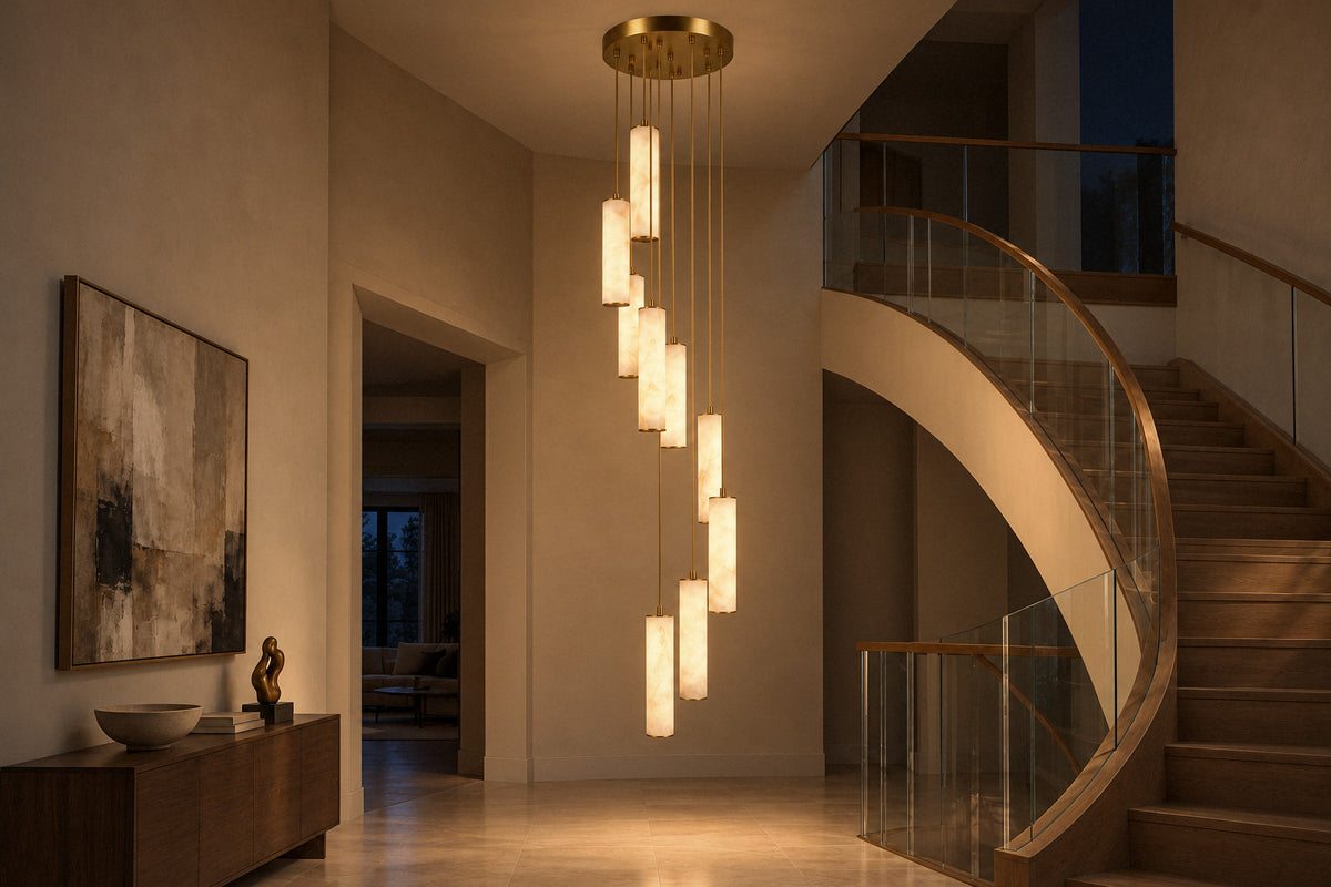 Column Alabaster chandelier in a double-height entrance hall at night, lit (AI-generated scene)