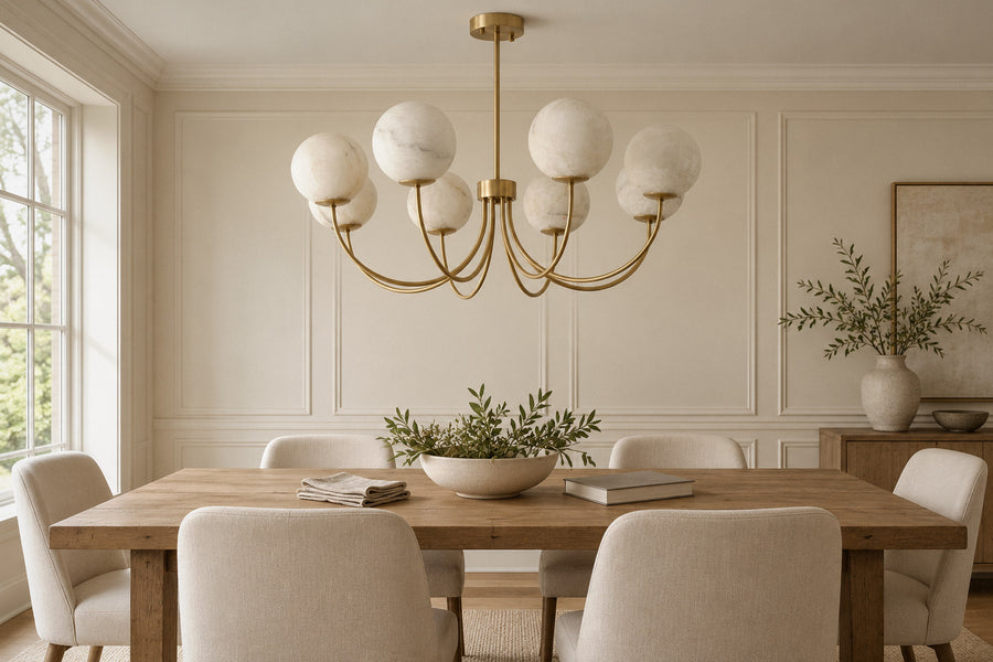Cyrilla alabaster and brass chandelier in a dining room by day, switched off (AI-generated scene)