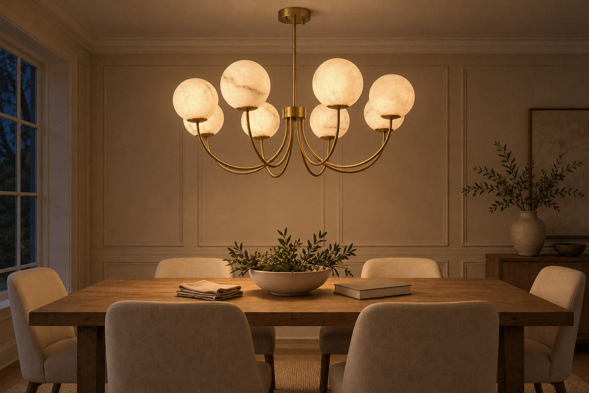 Cyrilla alabaster and brass chandelier in a dining room at night, lit (AI-generated scene)