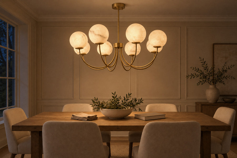 Cyrilla alabaster and brass chandelier in a dining room at night, lit (AI-generated scene)