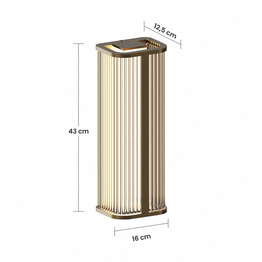 Schéma des dimensions : hauteur 43 cm, largeur 16 cm, profondeur 12,5 cm (finition doré brossé)