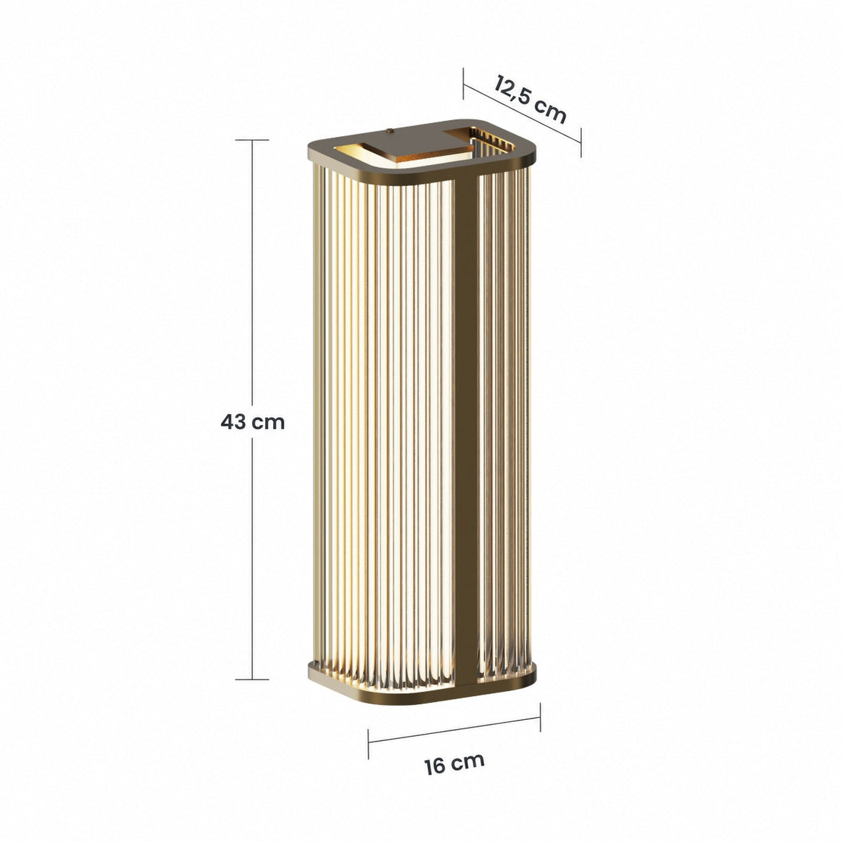 Schéma des dimensions : hauteur 43 cm, largeur 16 cm, profondeur 12,5 cm (finition doré brossé)