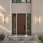 Deux appliques noires en verre cannelé de part et d’autre d’une porte d’entrée en bois : économe en énergie, design moderne, fabrication de qualité, robuste