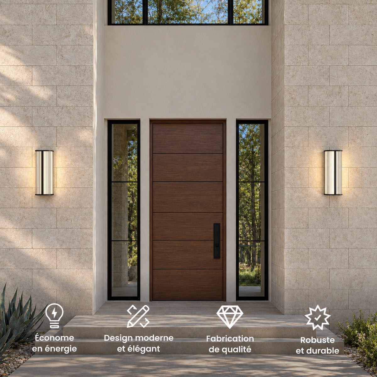 Deux appliques noires en verre cannelé de part et d’autre d’une porte d’entrée en bois : économe en énergie, design moderne, fabrication de qualité, robuste