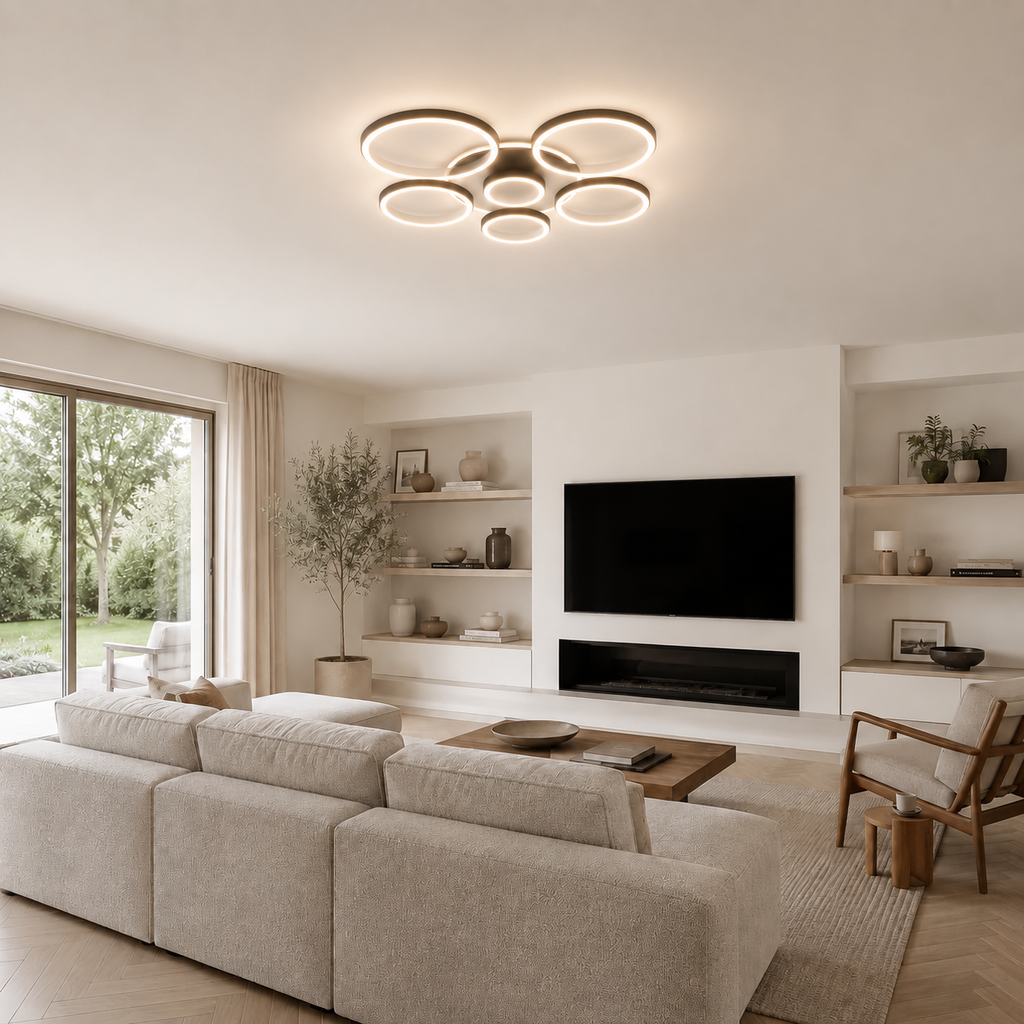 Plafonnier LED à anneaux noirs dans un salon lumineux en journée