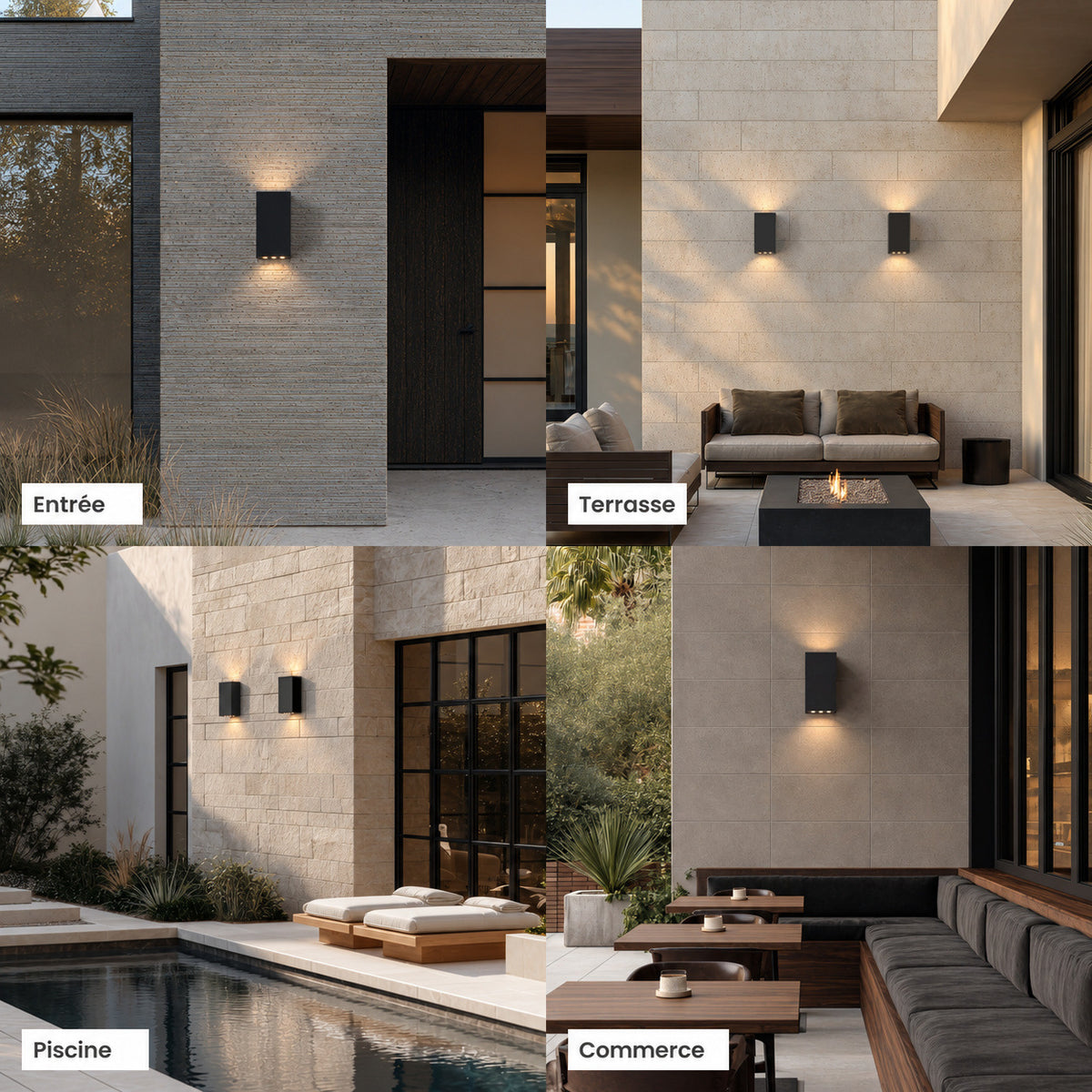 Appliques extérieures noires haut et bas allumées sur une entrée, une terrasse, au bord d’une piscine et dans un commerce