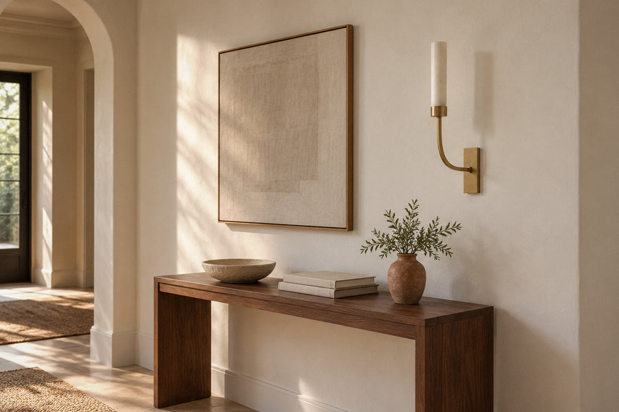 Elaris Alabaster Column alabaster wall sconce in a hallway by day, switched off (AI-generated scene)