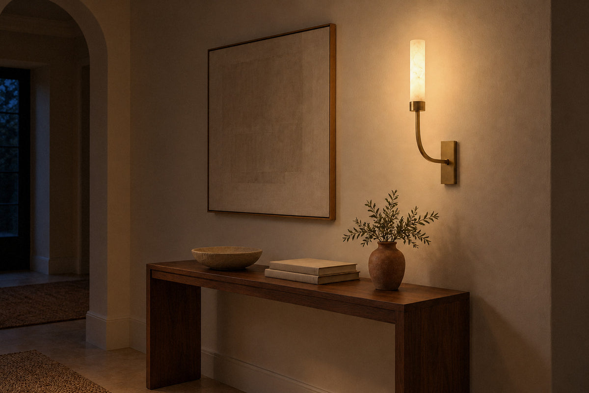 Elaris Alabaster Column alabaster wall sconce in a hallway at night, lit (AI-generated scene)