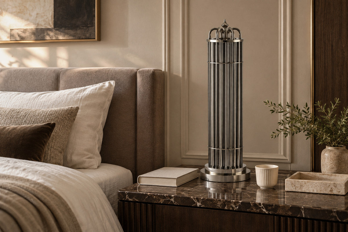 Eldaia Column Smoked Table Lamp glass table lamp in a bedroom by day, switched off (AI-generated scene)