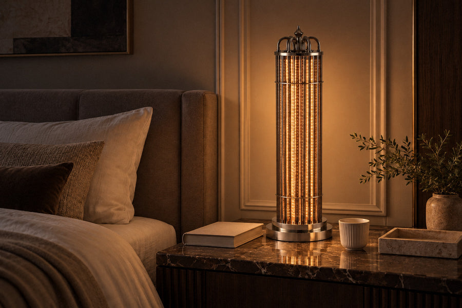 Eldaia Column Smoked Table Lamp glass table lamp in a bedroom at night, lit (AI-generated scene)