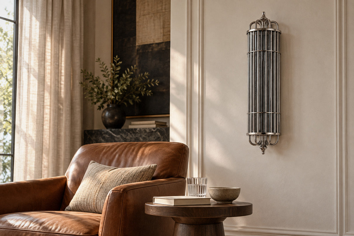 Eldaia ribbed glass wall sconce in a living room by day, switched off (AI-generated scene)