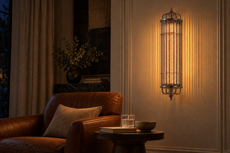 Eldaia ribbed glass wall sconce in a living room at night, lit (AI-generated scene)
