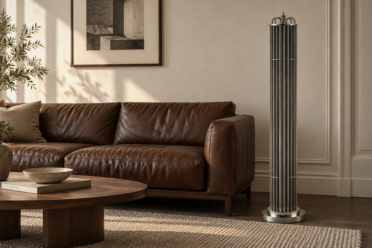 Eldaia smoked glass floor lamp in a living room by day, switched off (AI-generated scene)