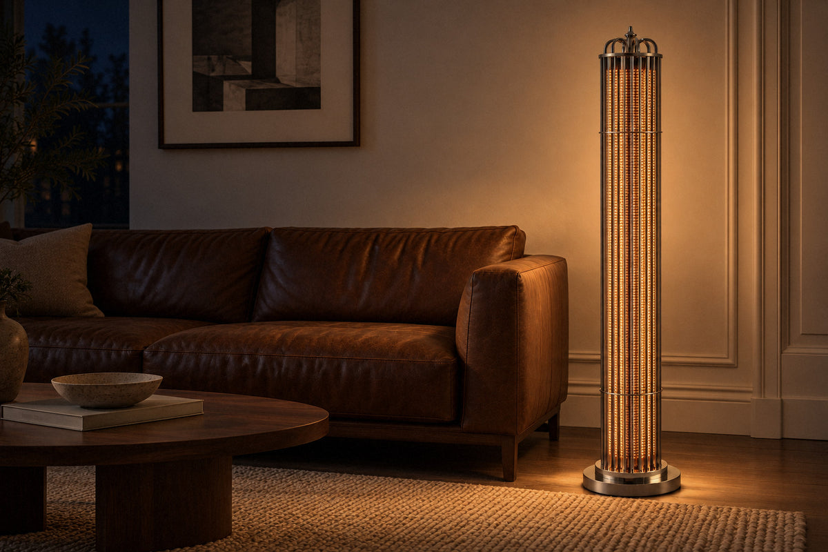 Eldaia smoked glass floor lamp in a living room at night, lit (AI-generated scene)