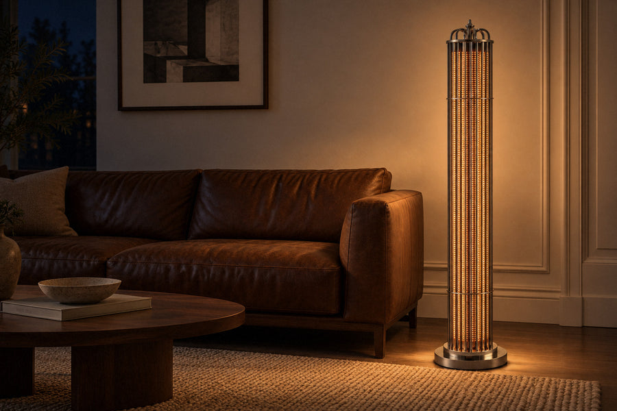 Eldaia smoked glass floor lamp in a living room at night, lit (AI-generated scene)