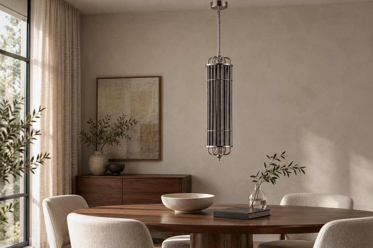 Eldaia Smoked Glass Pendant glass pendant in a dining room by day, switched off (AI-generated scene)