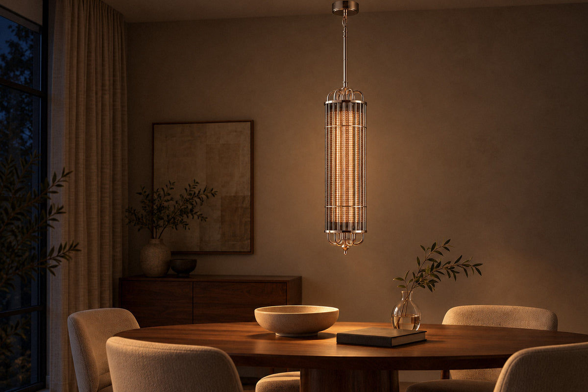 Eldaia Smoked Glass Pendant glass pendant in a dining room at night, lit (AI-generated scene)