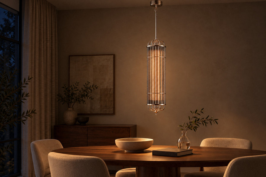 Eldaia Smoked Glass Pendant glass pendant in a dining room at night, lit (AI-generated scene)