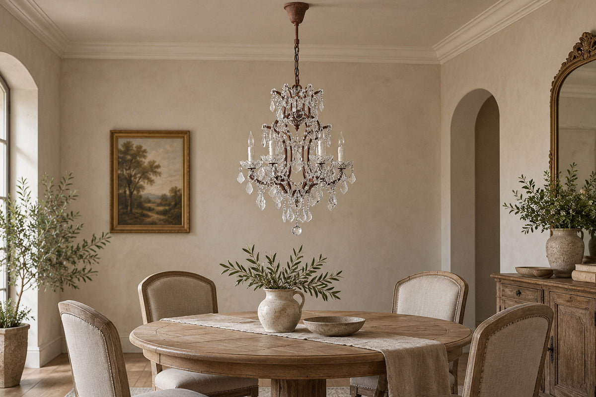 Elvera crystal chandelier in a dining room by day, switched off (AI-generated scene)