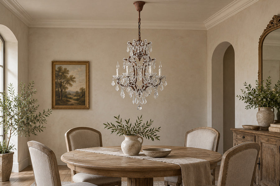 Elvera crystal chandelier in a dining room by day, switched off (AI-generated scene)