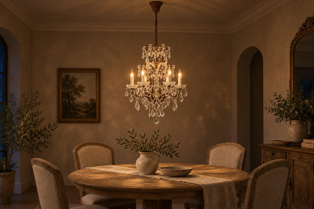 Elvera crystal chandelier in a dining room at night, lit (AI-generated scene)